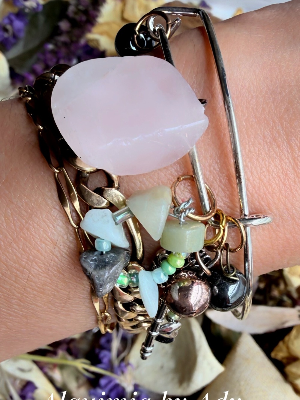 Alquimia Rose Quartz and Mixed Bead Charm Bracelet - Pink, Green, Gold, Black